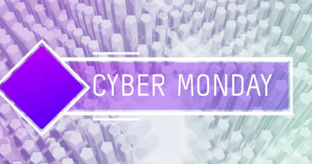 Image of new cyber monday text in white on purple banner over moving white hexagonal blocks. online retail and global communication concept digitally generated image.の写真素材