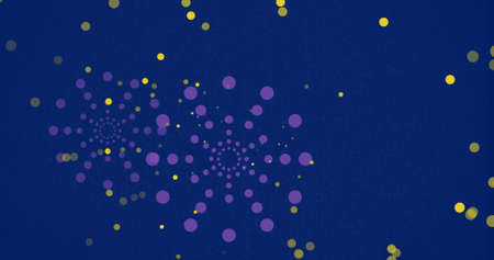 Image of purple firework explosions and bokeh yellow light spots on blue background. new year,...