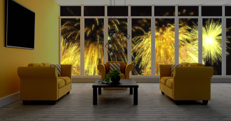Image of modern interior with yellow christmas and new year fireworks exploding in night sky. christmas, new year, celebration, party and tradition concept digitally generated image.の写真素材