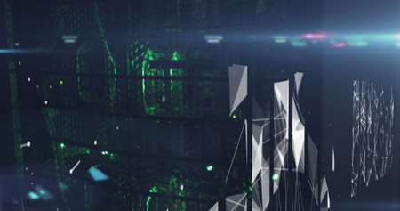 Image of networks of connections over green lights of computer servers. digital interface, cloud...