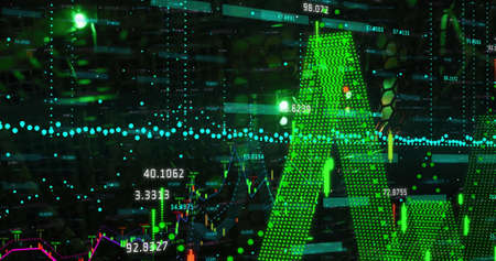 Image of data processing over green lights of computer servers. data processing, cloud computing concept and technology concept digitally generated image.の写真素材