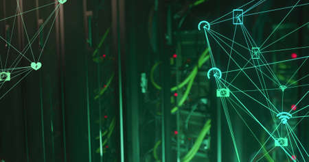 Image of networks of connections over green lights of computer servers. data processing, cloud computing concept and technology concept digitally generated image.の写真素材