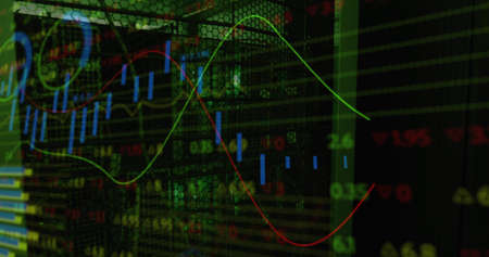 Image of data processing over green lights of computer server. digital interface, cloud computing...