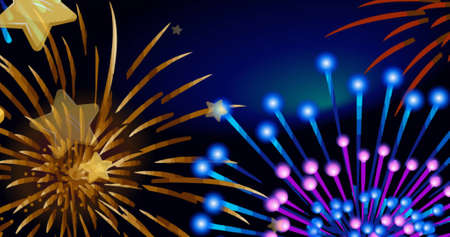 Image of gold christmas stars and new year fireworks on dark blue background. christmas, new year, celebration, party and seasonal event concept digitally generated image.の写真素材