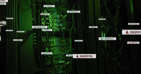 Image of social media data processing and text over green lights of computer servers. digital interface, cloud computing concept and technology concept digitally generated image.の写真素材