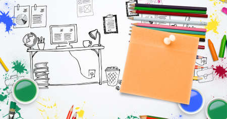 Image of memo note with copy space over pencils and paints and desk drawing. national clean your desk day concept digitally generated image.の写真素材