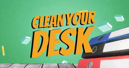 Image of clean your desk text over books and office items on green background. national clean your desk day concept digitally generated image.の写真素材