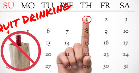 Image of stop sign with bottle, pointing finger and quit drinking text on january 1 of calendar. dry january, alcohol awareness campaign and new year healthcare concept digitally generated image.の写真素材