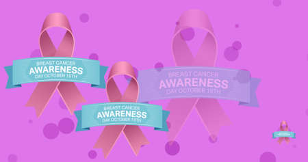 Image of breast cancer awareness text over pink breast cancer ribbons. breast cancer positive awareness campaign concept digitally generated image.の写真素材
