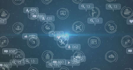 Image of social media icons and numbers over blue background. global social media, connections and digital interface concept digitally generated image.の写真素材
