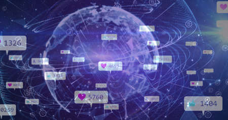 Image of social media icons and numbers over globe on purple background. global social media, connections and digital interface concept digitally generated image.の写真素材
