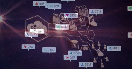 Image of social media icons and numbers over glowing lights in background. global social media,...