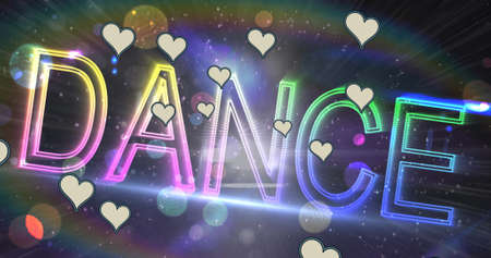 Image of hearts over neon dance text and spots of light in background. valentines, love and romance...
