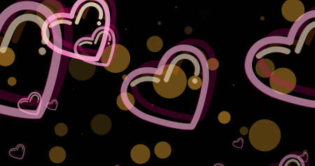 Image of pink hearts moving over glowing spots on black background. valentines, love and romance...