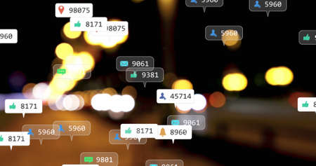 Image of social media icons and numbers over road traffic and cityscape. global social media,...