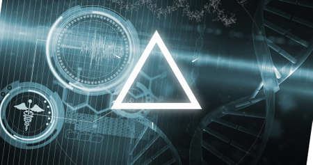 Image of triangles and dna strand spinning with data processing. global science, research, data...