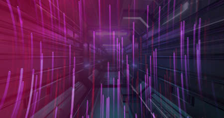 Image of light trails over digital tunnel. global data processing, connections and digital interface...