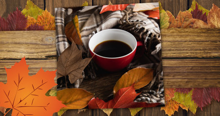 Composite image of black coffee at thanksgiving party and autumn leaves, copy space. thanksgiving...