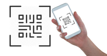 Hand of woman scanning qr code with smart phone with copy space on white background. wireless...
