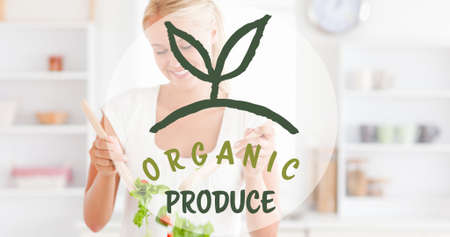 Digital composite image of organic produce symbol over smiling woman preparing salad at home. healthy food, sign and lifestyle.の写真素材