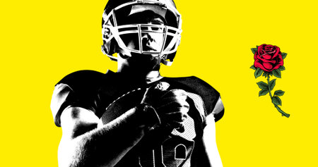 Digital composite image of male american football player holding ball by rose on yellow background. competitive sports and creativity.の写真素材