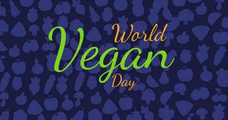 Close-up of world vegan day over vegetables and fruits on abstract background. digital composite of healthy food and sign.の写真素材