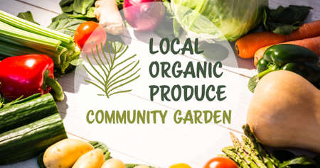 Local organic produce community garden symbol over fresh vegetables arrange on table. digital composite of healthy food and sign.の写真素材