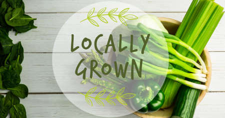 Locally grown symbol over fresh vegetables in bowl on white wooden table. digital composite of healthy food and sign.の写真素材