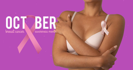 Composite image of woman in pink bra with breast cancer awareness month text on purple background. breast cancer awareness campaign and vector concept.の写真素材
