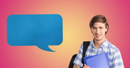 Digital composite of blank speech bubble with copy space by smiling man holding file. education and knowledge.の写真素材