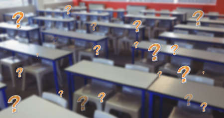 Digital composite of question marks over empty desks and stools in classroom at school. education and knowledge.の写真素材