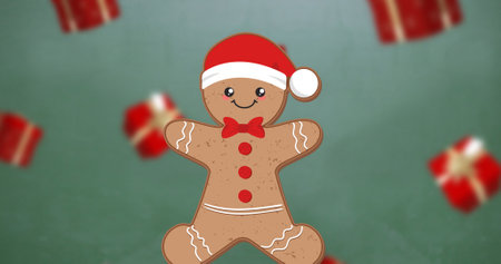 Vector image of gingerbread cookie and gift boxes with copy space against gray background. christmas...