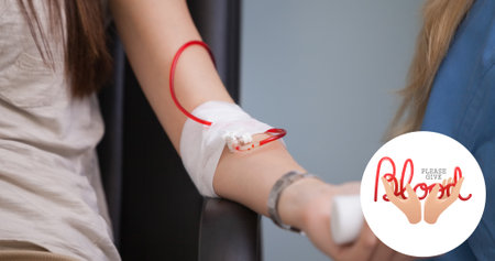 Midsection of woman&#39;s hand donating blood by doctor and symbol at hospital. digital composite of healthcare and awareness.の写真素材