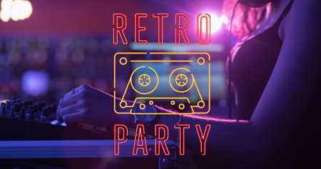Composite image of retro party text with female dj operating sound mixer in party vector. party and entertainment concept.の写真素材