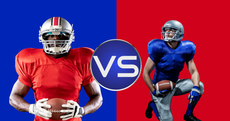 Confident american football players holding balls against colored background. digital composite of competitive sport and challenge.の写真素材