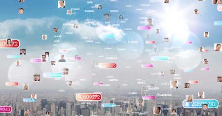 Composition of people connected globally through computer network with city and clouds in background. global communications, networking and cloud computing concept.の写真素材