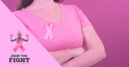 Composition of woman with breast cancer awareness ribbon and slogan on pink background, copy space. breast cancer awareness campaign and vector concept.の写真素材