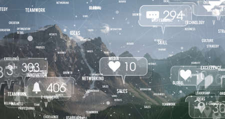 Composite image of computer network and connections with mountain range in background. global communications, networking and technology concept.の写真素材