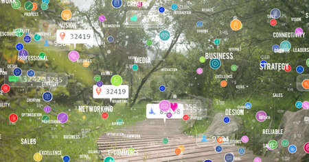 Composite image of global communications and digital networking with tree and nature in background....