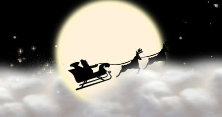 Composition of silhouette santa sleigh against full moon at night with copy space. christmas festivity, vector and winter holiday.の写真素材