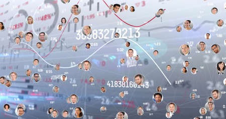 Composite image of multiracial people connected globally through networking with data in background. global communications, networking and technology concept.の写真素材