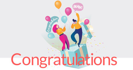 Digital composite image of human representation with confetti and congratulations text. success and celebration with copy space.の写真素材