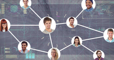 Composite image of happy multiracial people connected globally through digital networking. global communications, networking and technology concept.の写真素材