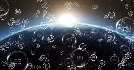 Digitally generated image of icons connected through computer network over globe in space. global communications, networking and technology concept.の写真素材