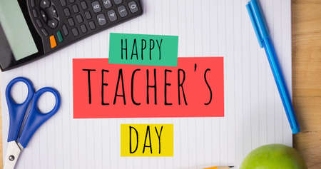 Digital composite image of happy teacher&#39;s day text with school supplies on book. teacher&#39;s day, education and school concept.の写真素材