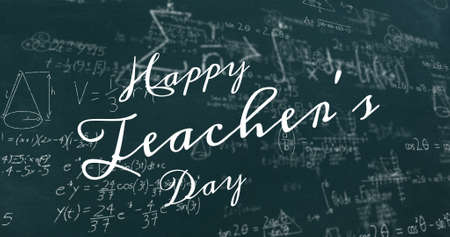 Vector image of happy teacher's day text against blackboard with mathematics formulas....