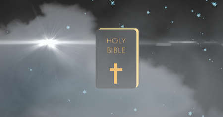 Digital composite image of holy bible with cross against cloudy sky and stars. christian religious symbol and culture.の写真素材