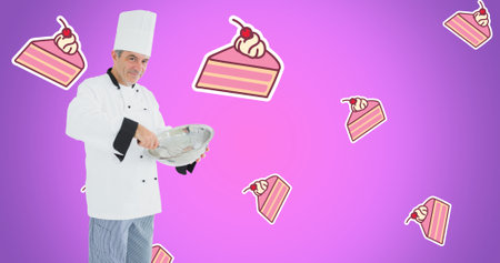Composite image of male chef preparing food with pastry vector over purple background. food and...