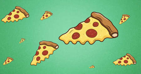 Vector image of pizza slices against green background. fast food, unhealthy eating and vector concept.の写真素材