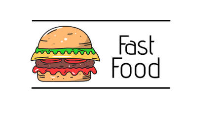 Digitally generated image of fast food text with burger against white background, copy space. fast food and vector concept.の写真素材